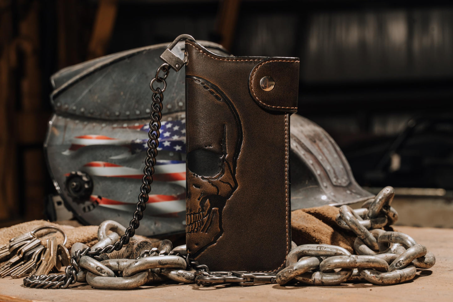 House of Jack Co. Skull Biker Wallet for Men, Long Motorcycle Wallet with Grommet & Snap Closure, Full-Grain Cowhide Leather, Vintage Black (Chain Not Included)