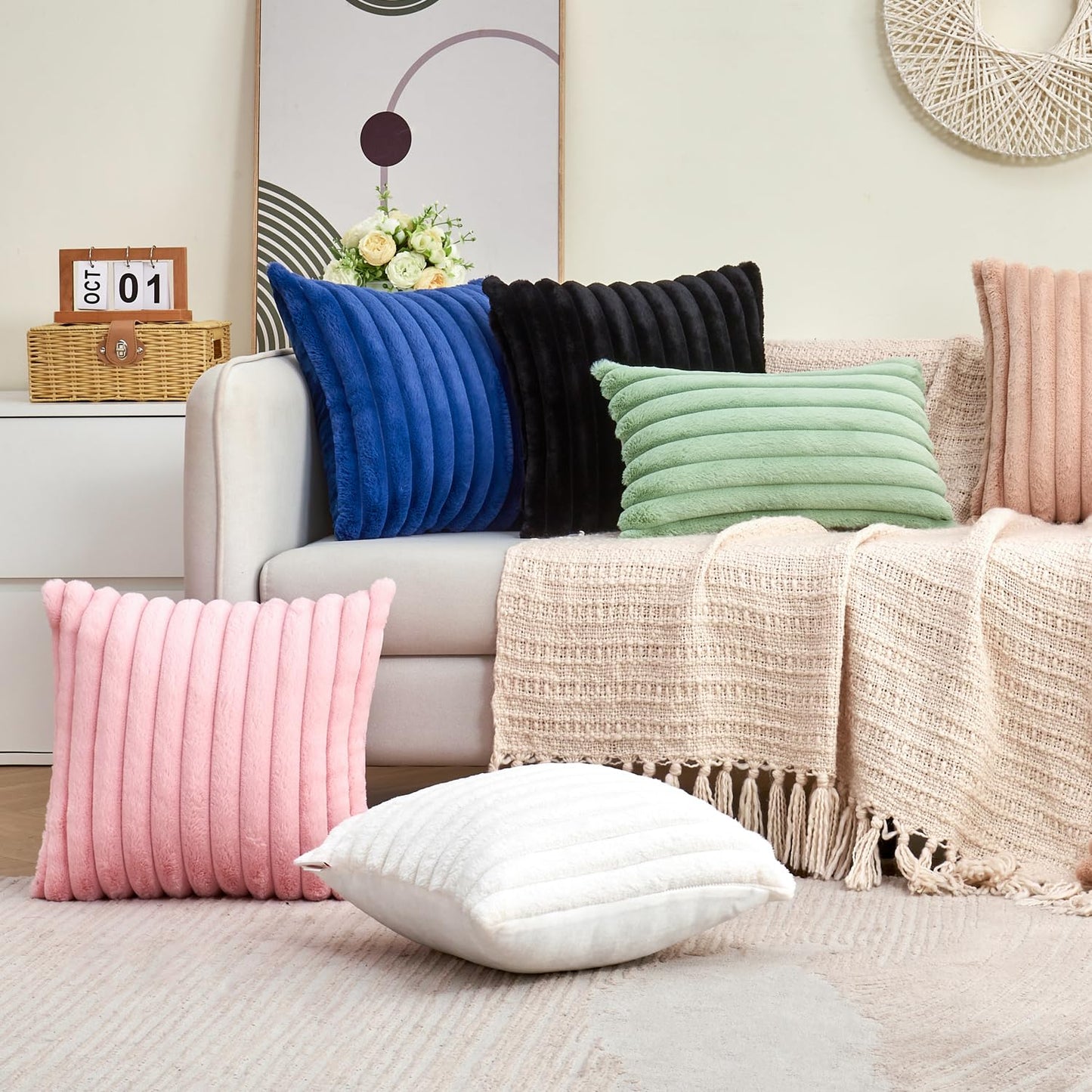 GriNeed Throw Pillow Covers Decorative Faux Fur Set of 2 18x18 Inch Pillow Covers, Soft Black Striped Pillowcases for Couch Sofa Bed Living Room, Fluffy Cute Home Boho Accent Fuzzy Decor