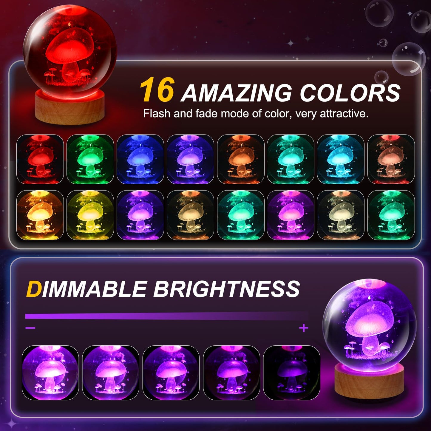 Kocasall Mushroom Lamp,3.15 inch 3D K9 Crystal Ball Mushroom Night Light with Wooden Base,16 Colors Change,Remote Control,Color Box,Birthday Christmas Gift