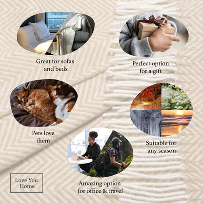 LYHome Merino Wool Blanket - Warm Throw for Cold Weather, Warmest Travel Outdoor Camping Blankets, Picnic Army and Military Throws, Comforter Soft & Cozy (55" x 79" Beige with White Chevron)