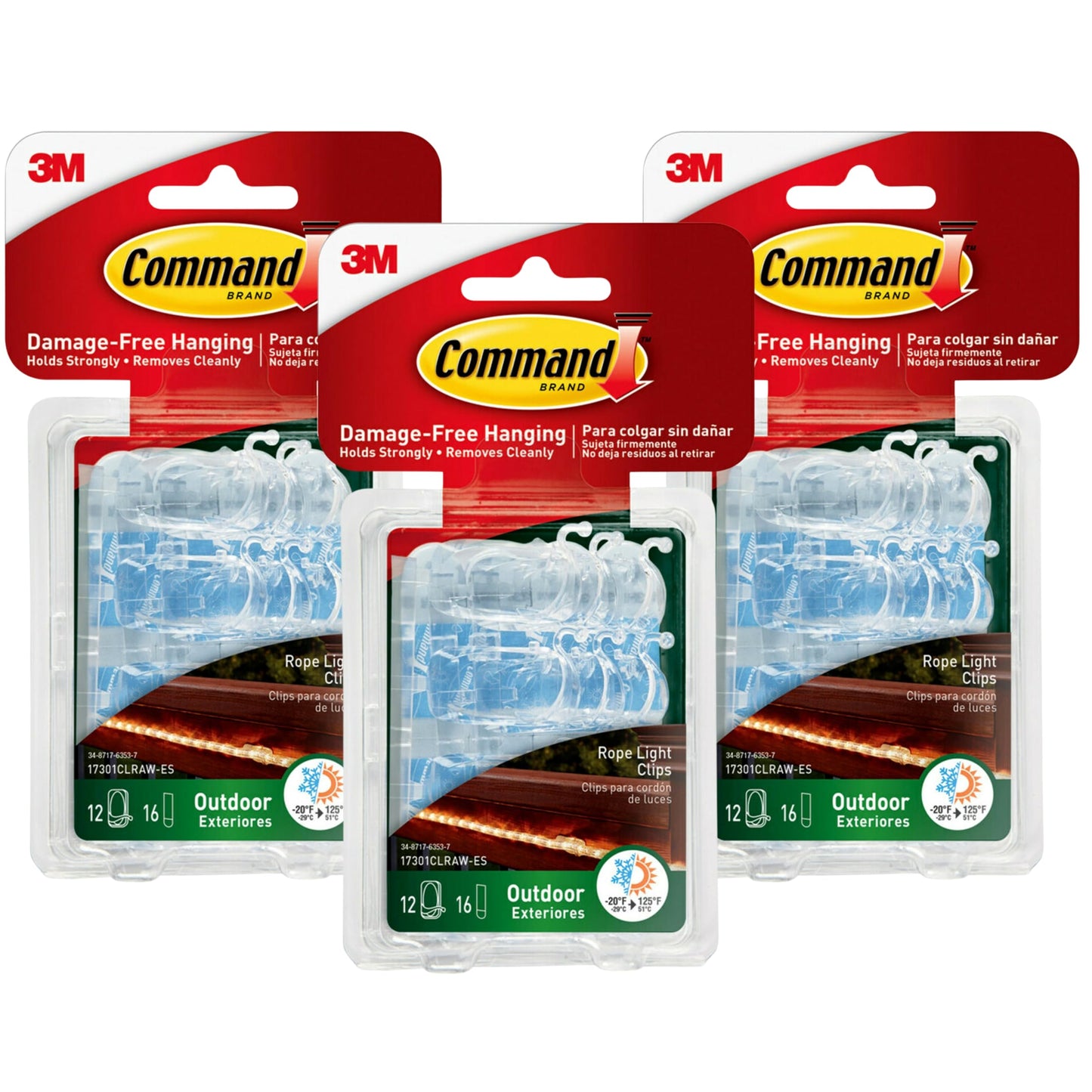 Command Outdoor Rope Light Clips, Clear, 3 Pack (36 Clips Total) - Weather-Resistant, Damage-Free Hanging for Holiday Lights, Rope Lights & Outdoor String Lights