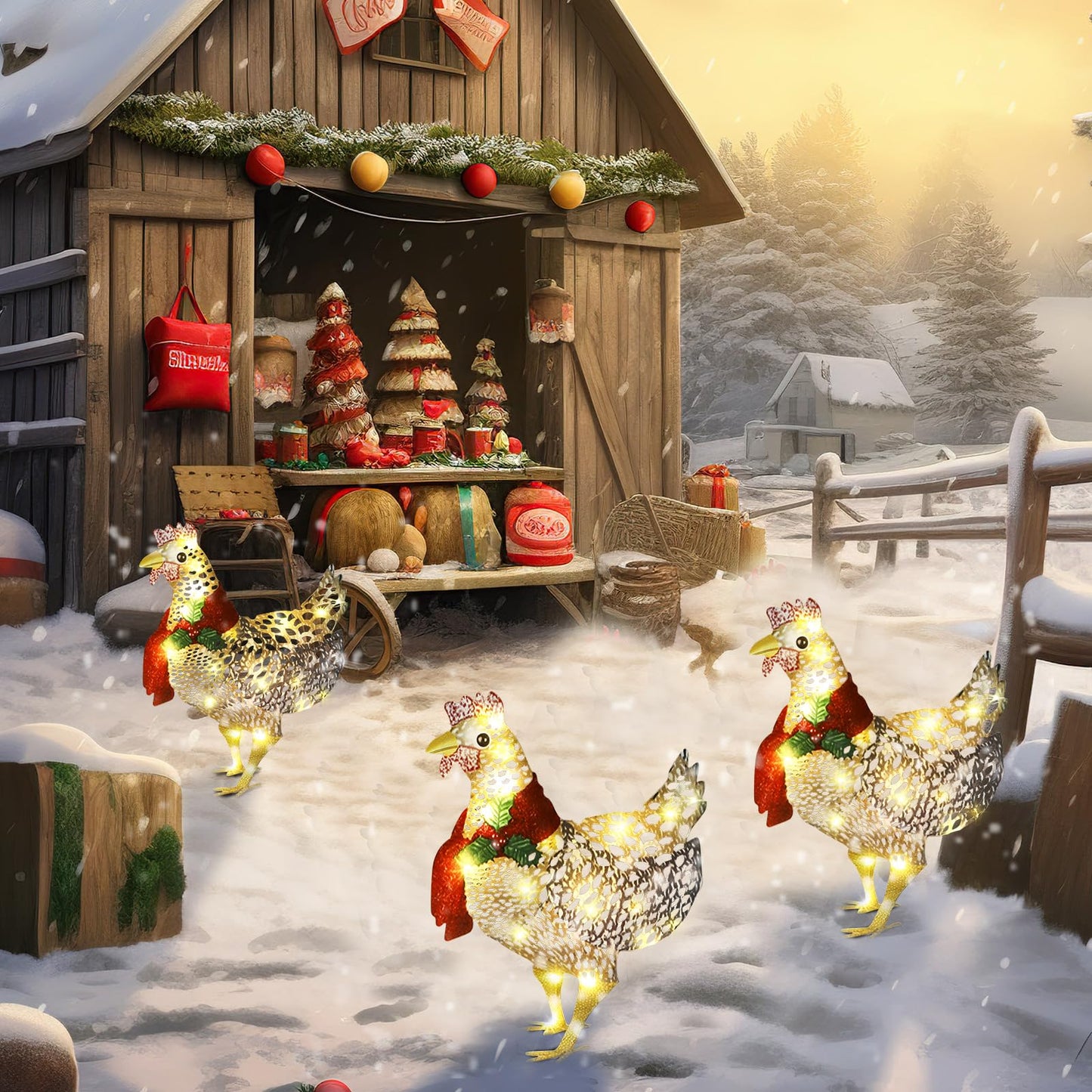 Shellwei 2 Pcs Light up Chicken with Scarf Christmas Decoration Metal Chicken Ornaments with 60 LED Lights Christmas Rooster with Stakes for Xmas Yard Garden Patio Lawn Outdoor Decor