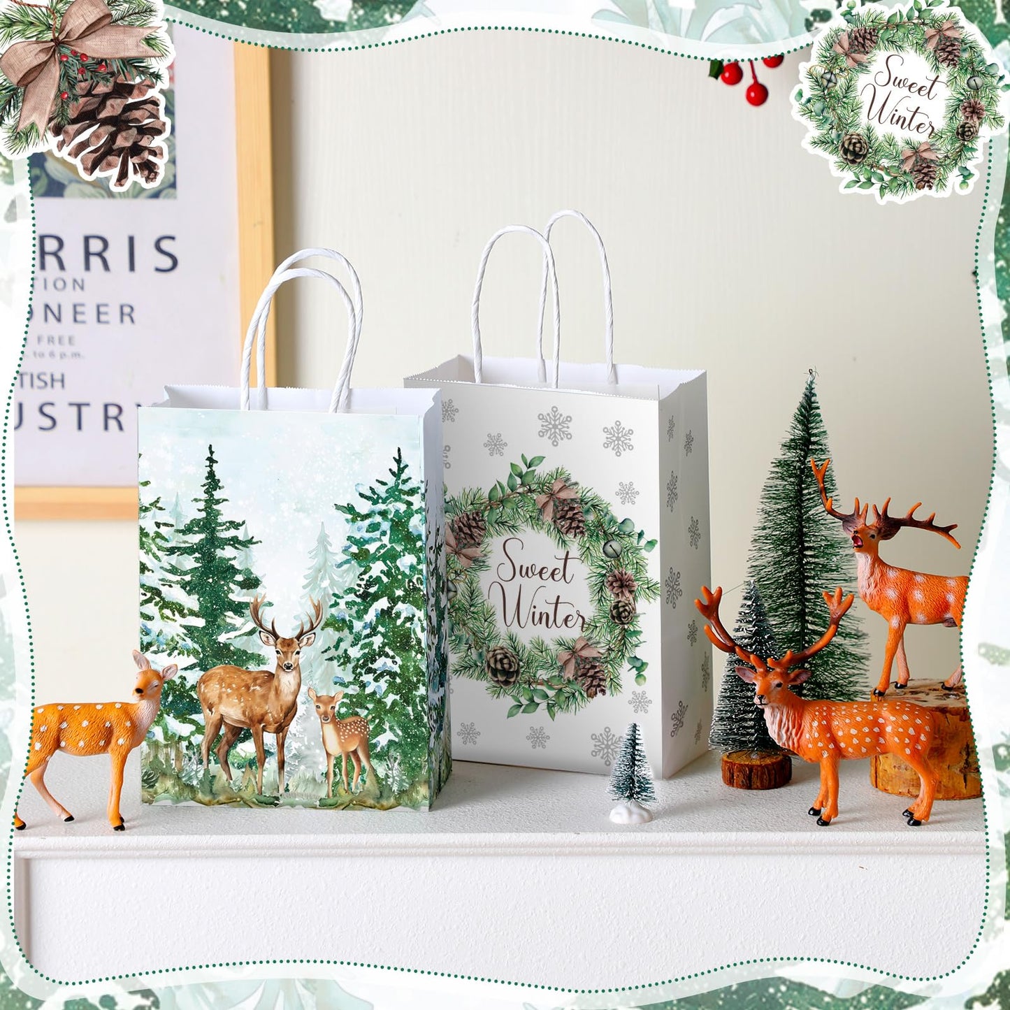 Kolldenn 24 Pcs Christmas Party Favors Bags Christmas Gift Goodie Paper Bags with Handles Reindeer Green Xmas Tree Pine Cones Candy Treat Pouch for Xmas Party Decorations Supplies