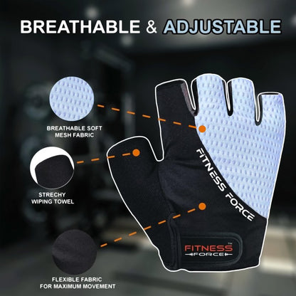FITNESS FORCE Breathable Workout Gloves for Men and Women, Padded Weight Lifting Gloves with Full Palm Protection for Grip, Exercise, Cycling, Gym, Fitness Training (Blue, Medium)