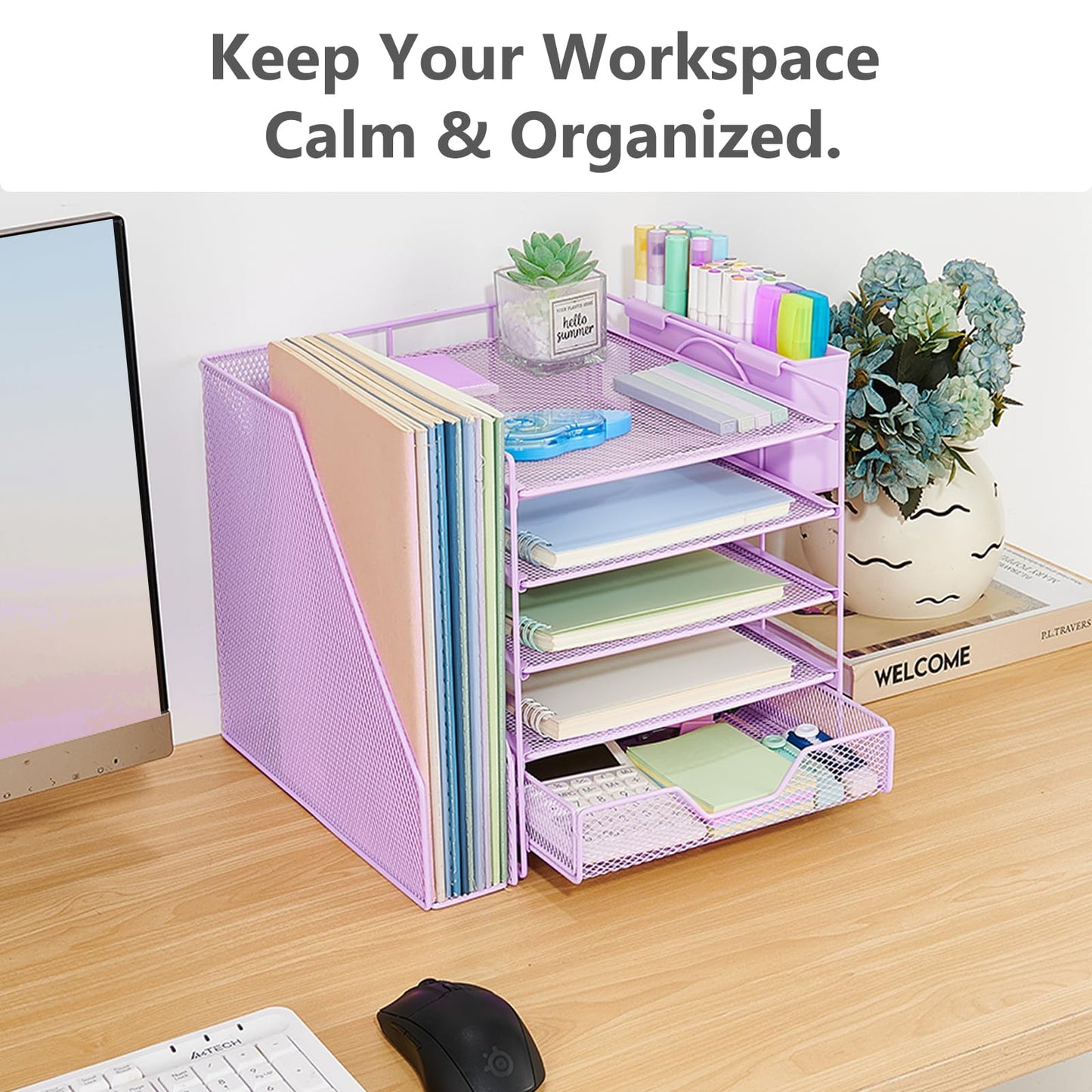 Gugsey Desk Organizer, 5-Tier Paper Letter Tray Organizer with File Holder, Drawer and Pen Holder, Desktop Organizer for Office Supplies, Purple