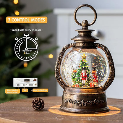 Christmas Snow Globe Lantern Water Glittering Nutcrackers with Music & Timer, USB Lined/Battery Operated Lighted Lantern for Christmas Festival Decoration Gifts