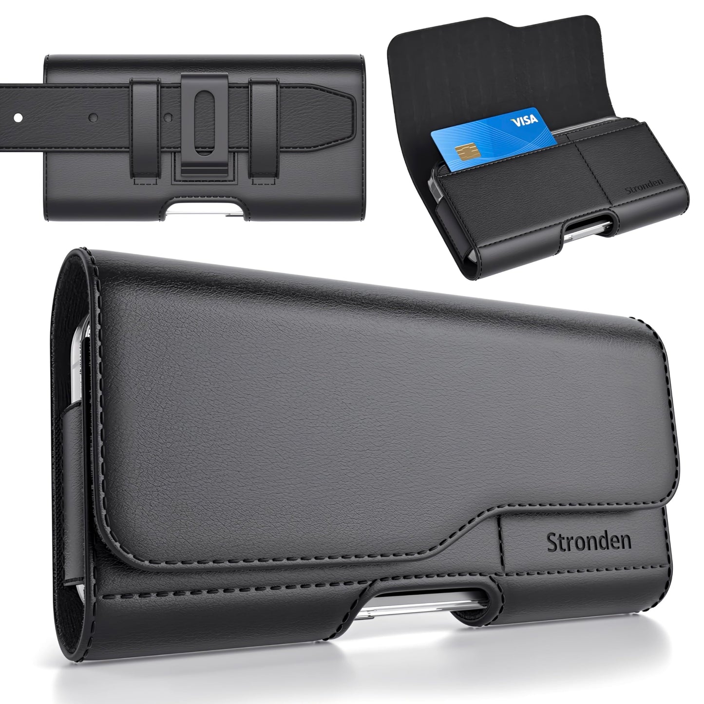 Stronden Magnetic Closure Holster for iPhone 17 Pro, 17e, 17, 16 Pro, 16e, 16, 15 Pro, 15, 14 Pro, 14, 13 Pro, 13, 12 Pro, 12, 11, XR - Leather Belt Case Pouch (Fits Slim/Regular Case on)