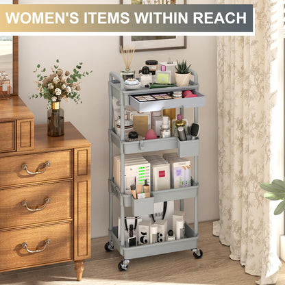 Goovilla 3 Tier Rolling Utility Cart Organizer with Removable Drawer, Stable and Sturdy Black Rolling Storage Carts with 2 Lockable Wheels for Bathroom, Kitchen, Snack, Craft, Makeup, Baby Essentials