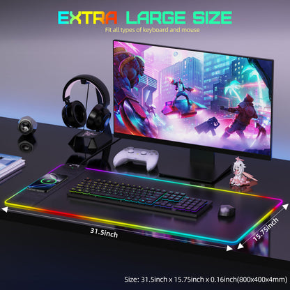 Wireless Charging Mouse Pad, RGB Gaming Mousepad, 31.5"x15.7" Extra Large Desk Pad, 13 Light Modes, Ultra-Smooth Surface, Non-Slip Base, Waterproof Computer Keyboard Mat for MacBook, PC, Laptop, Black