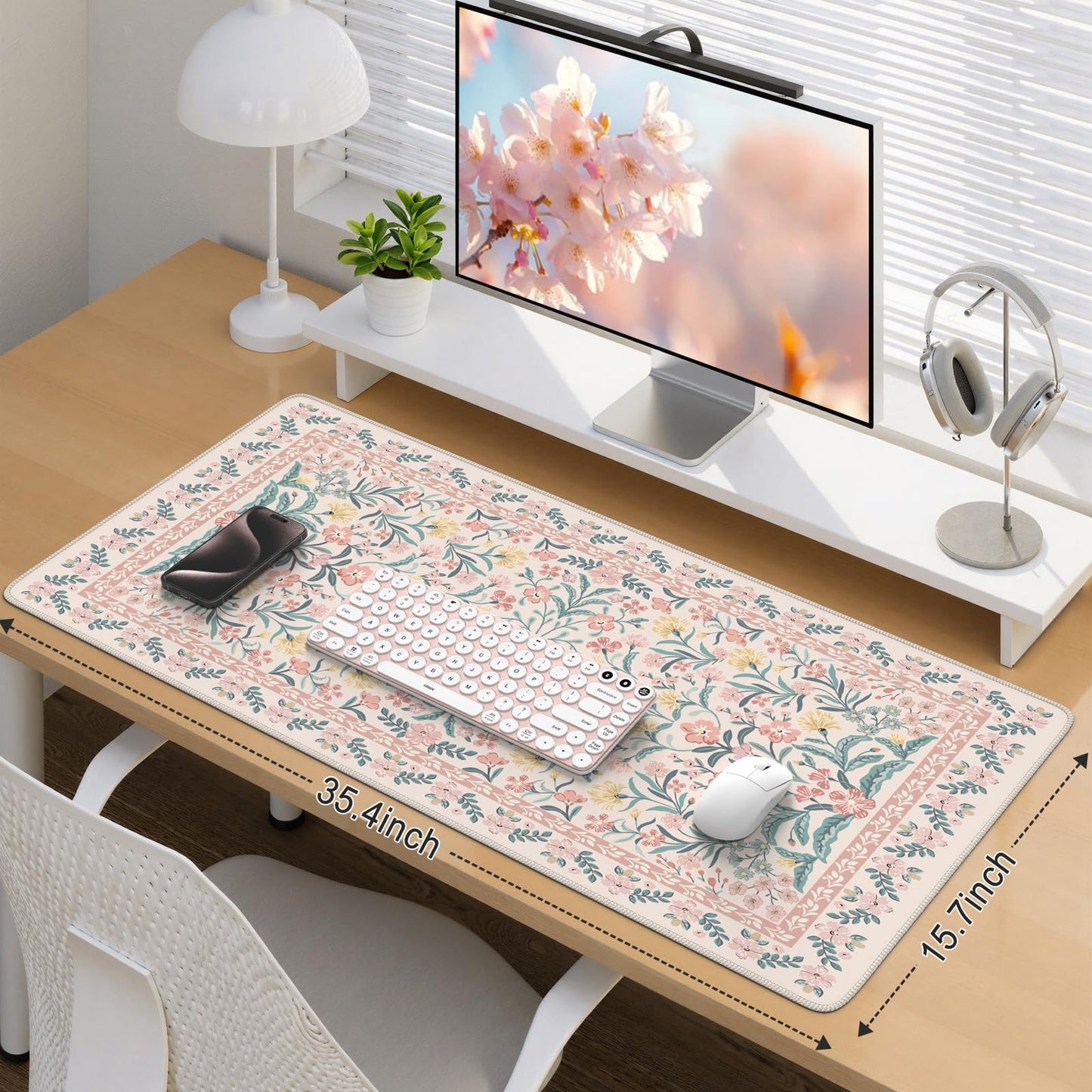 iCasso Pink Floral Desk Mat, Desk Pad, XXL Large Mouse Pad, Anti-Slip Big Mousepad with Stitched Edges, Computer Mouse Pads for Desktop Decor, Cute Office Desk Accessories for Women(Pink)