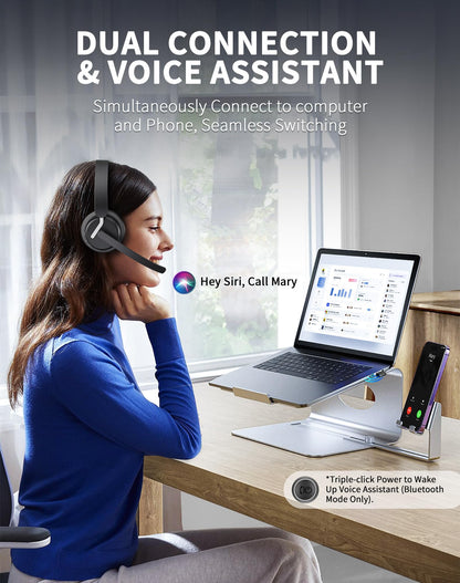 Wireless Headset with Mic for Work, Bluetooth 5.3 Headset with AI Noise Cancelling Microphone & Call Reminder, Wireless Headphone with Voice Assistant for PC/Computer/Remote Work/Call Center/Zoom