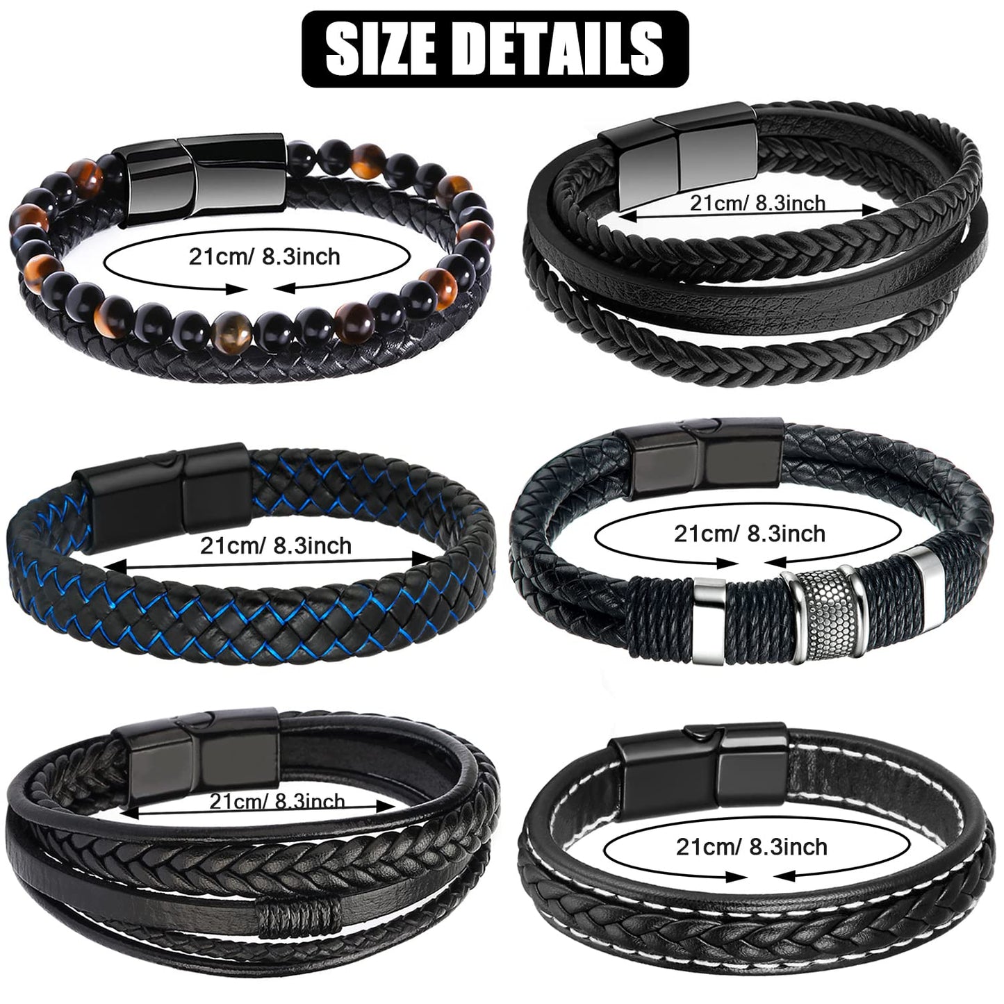 RIOSO 6 Pieces Mens Leather Bracelet Stainless Steel Multi-layer Braided Black Leather Bracelets for Men