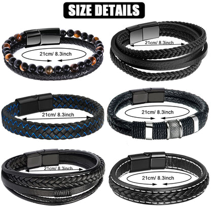 RIOSO 6 Pieces Mens Leather Bracelet Stainless Steel Multi-layer Braided Black Leather Bracelets for Men