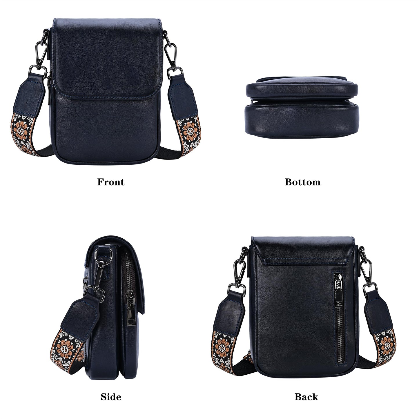 HESHE Leather Small Crossbody Bags for Women RFID Blocking Cell Phone Purse Anti-Theft Travel Bag with wide Straps (Navy Blue)