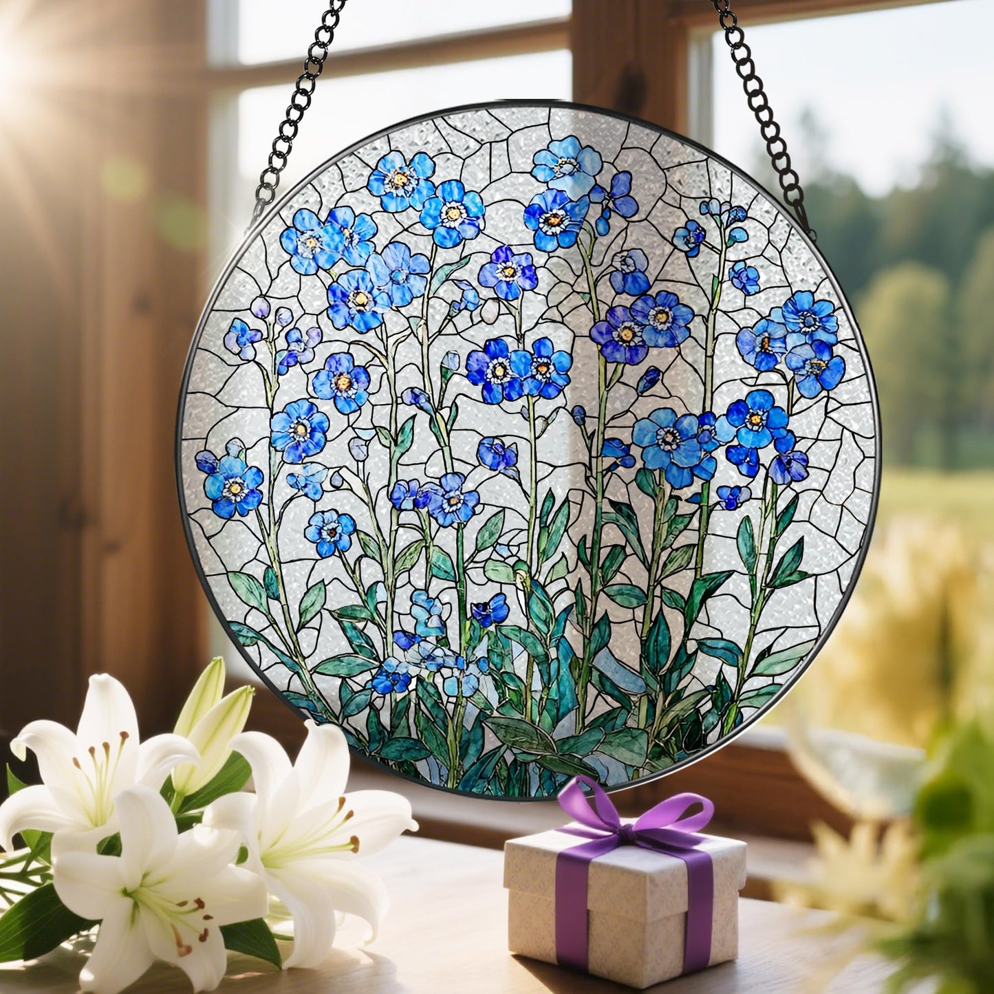 8 Inch Stained Glass Window Hanging, Forget Me Not Flower Stained Glass Suncatcher, Window Decor, Plant Lover Gift for Women, Forget Me Not Gifts for Couples, Best Friend, Family, Colleague, Classmate
