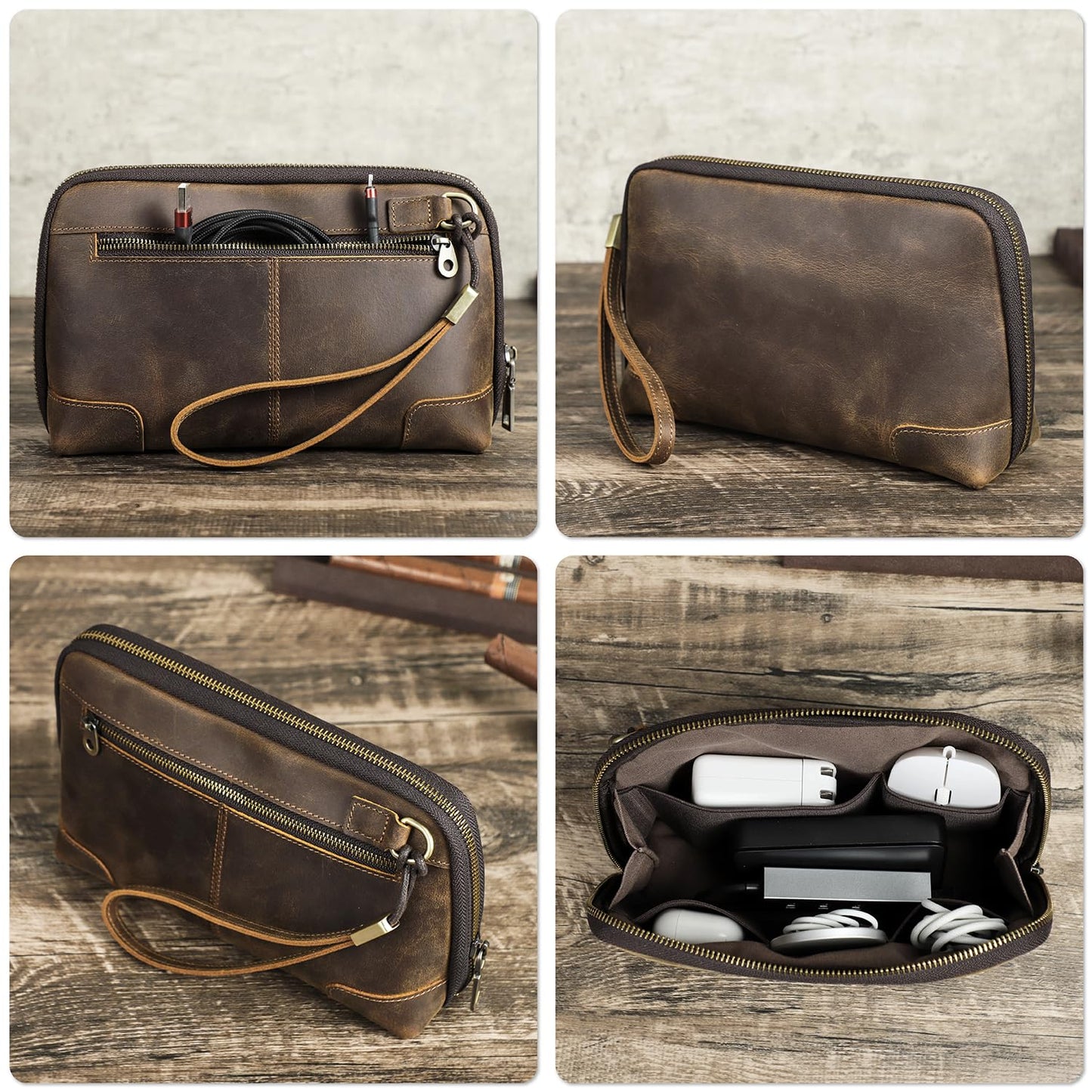 CataPurus Electronic Organizer Zipper Bag Tech Pouch, Top Grain Leather Handmade, Portable Compact Travel Storage Cases Fits Apple Accessories, Phone, USB Cables, Power Banks, Chargers, Hard Drive