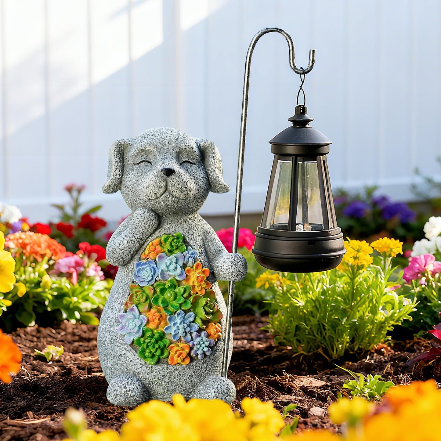 Solar Dog Garden Statue with Lantern – Waterproof Resin Outdoor Decor for Yard, Lawn, Flower Bed, Backyard, Front Yard, Patio, Balcony – Gift for Dog Lovers