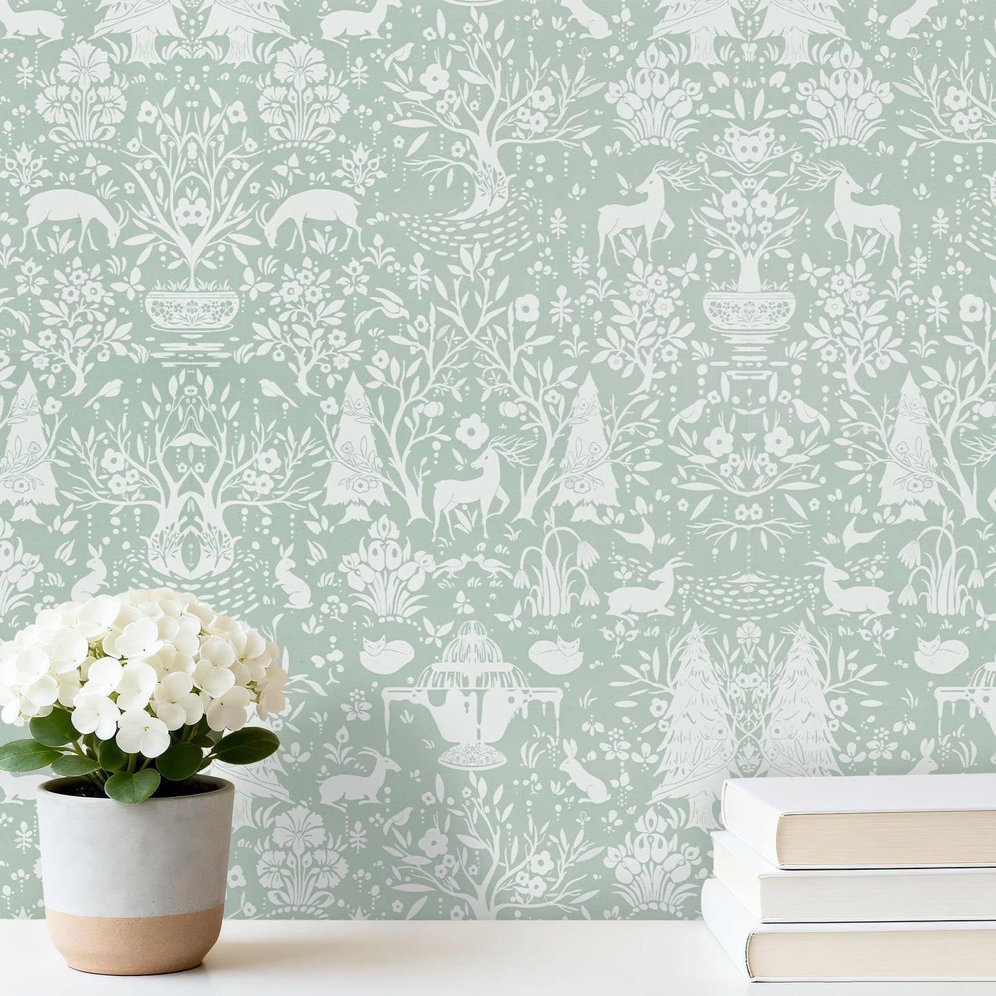 WENMER Forest Animal Wallpaper, 17.7" x 590" Green and White Contact Paper, Woodland Peel and Stick Wallpaper with Deer Rabbit Fox, Self Adhesive Removable Wall Paper for Living Room Bedroom Nursery