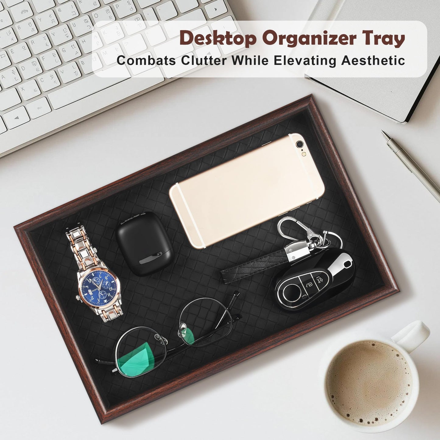 Zosenley Wooden Valet Tray with Leather Base - Nightstand Catchall Organizer for Cologne, Perfume, Keys, Wallet, Phone, Watch, Jewelry & Sunglasses (Black)