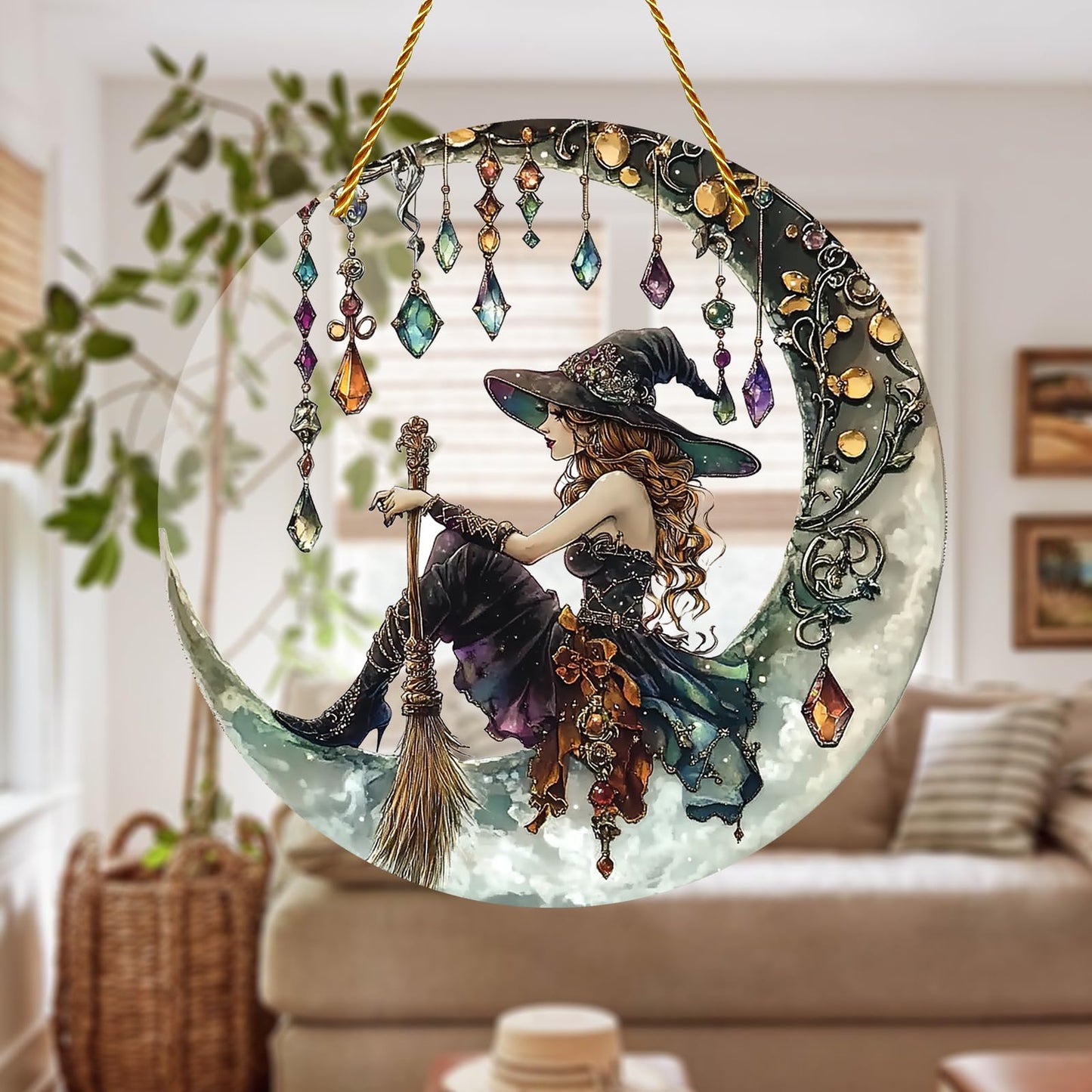 8x8 inch Charming Moonlight Witch Acrylic Stained Glass Window Hanging Sun Catcher Decor Stained Panel Hangings Wall Art Decor, for Friends and Family (Moonlight Witch)