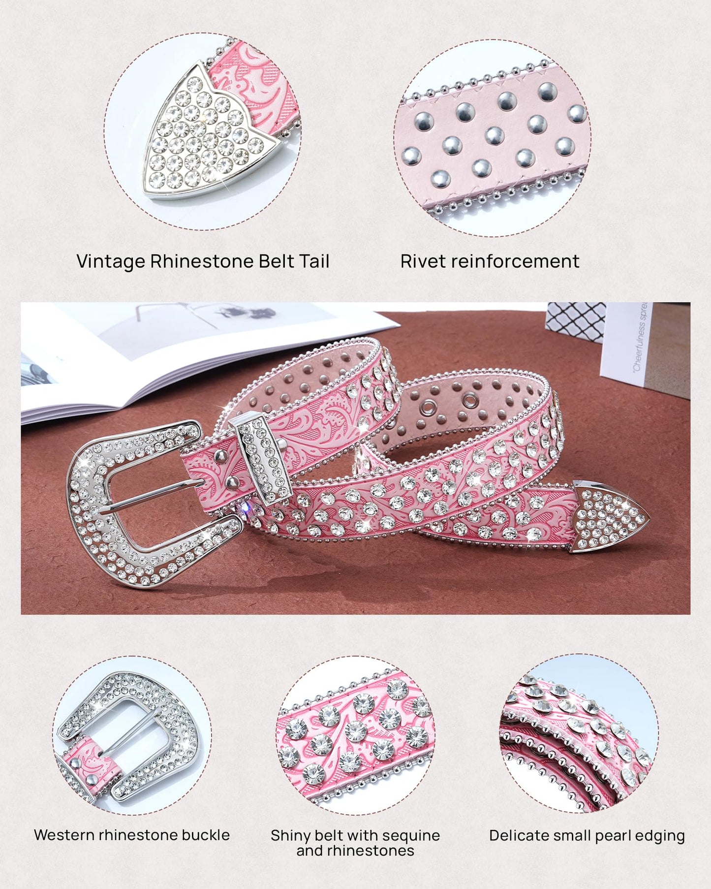 AWAYTR Kids Rhinestone Western Belt -Sparkly Cowboy Cowgirl Belt for Horse Shows School Plays Daily Jeans (#1-Pink, Fit Waist: 25"-29")