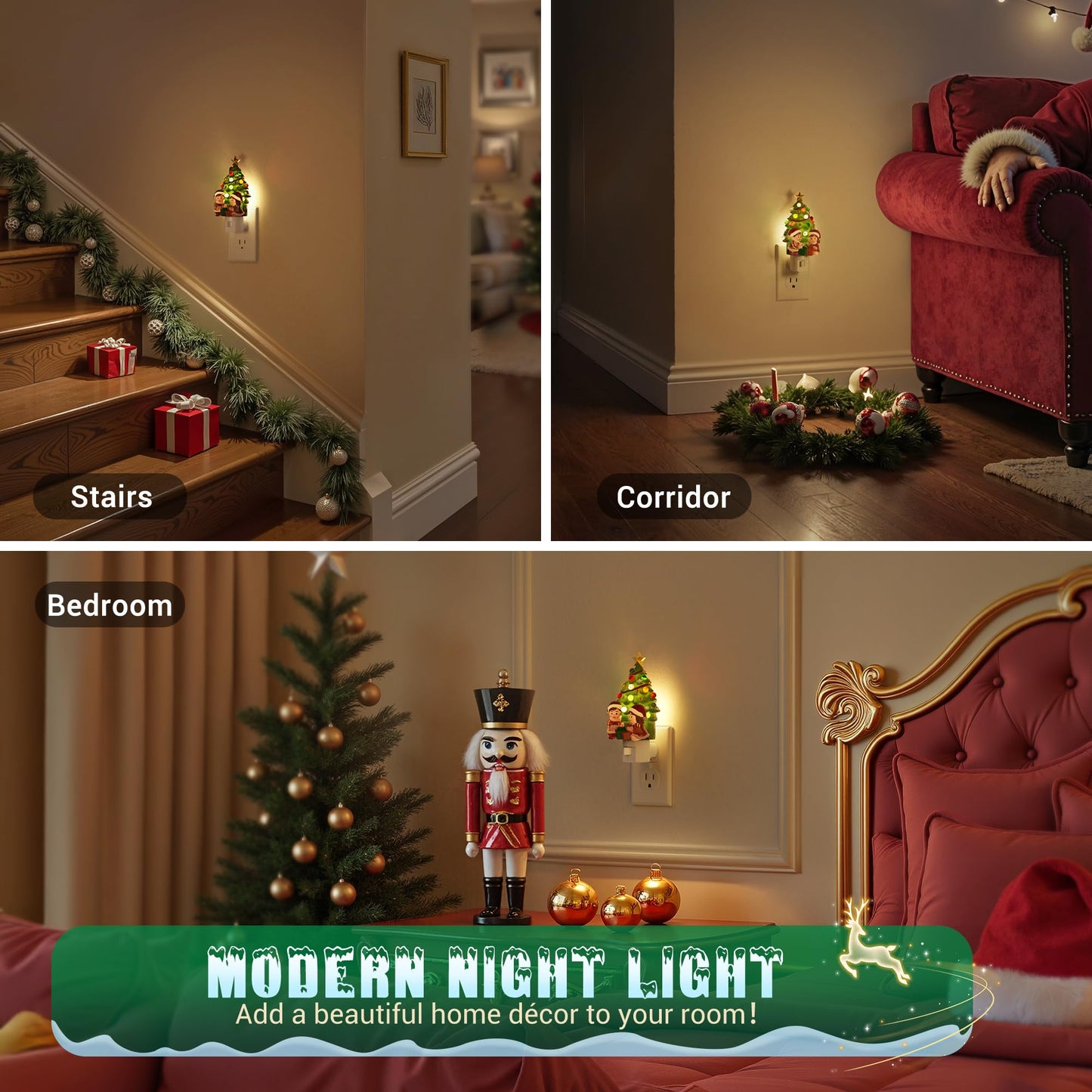 JandCase Christmas Tree & Santa Claus Night Light, 3000K Night Lights Plug into Wall,Cute & Funny Ceramics Christmas Night Light for Kids, 360° Rotatable for Home Party Decor,1 Pack