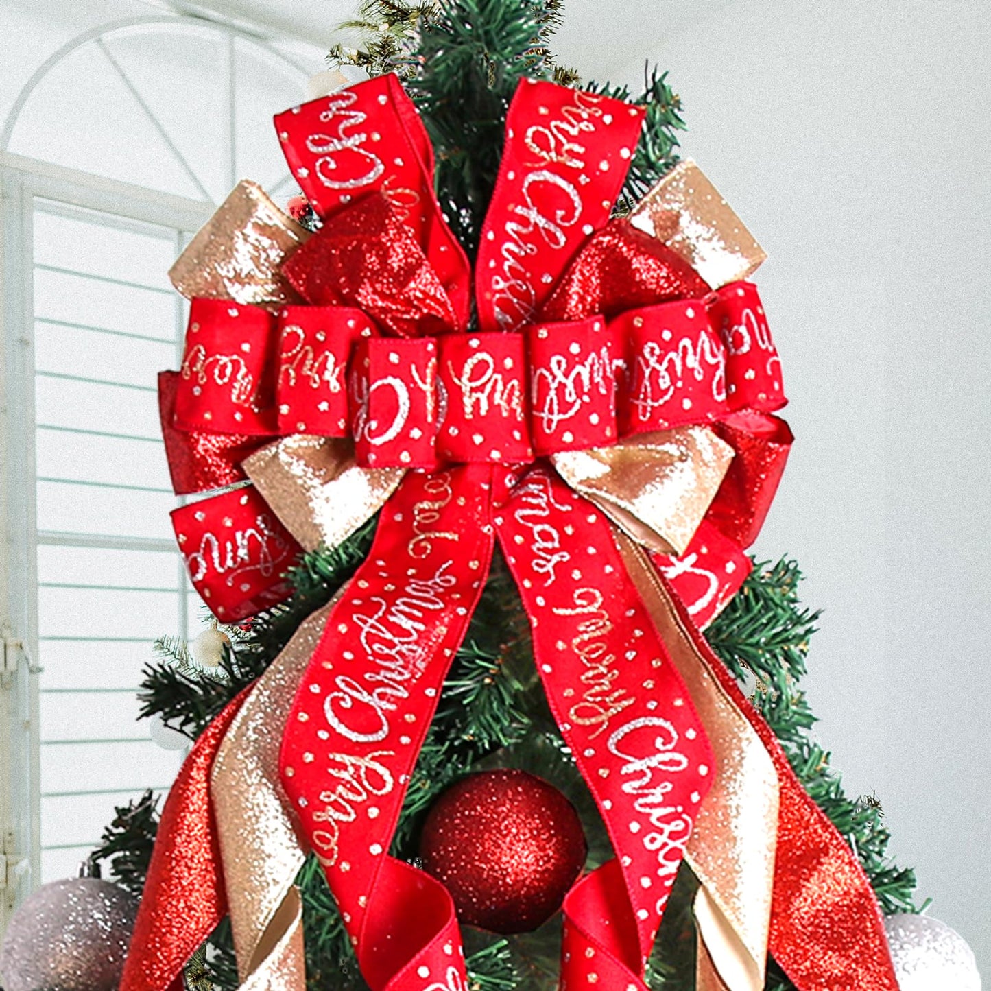 Christmas Tree Topper Christmas Wreath Bow 45"x12" Large Christmas Toppers Bow with Letter Patterned for Xmas Tree Rustic Farmhouse Home Holiday Party Decorations Red