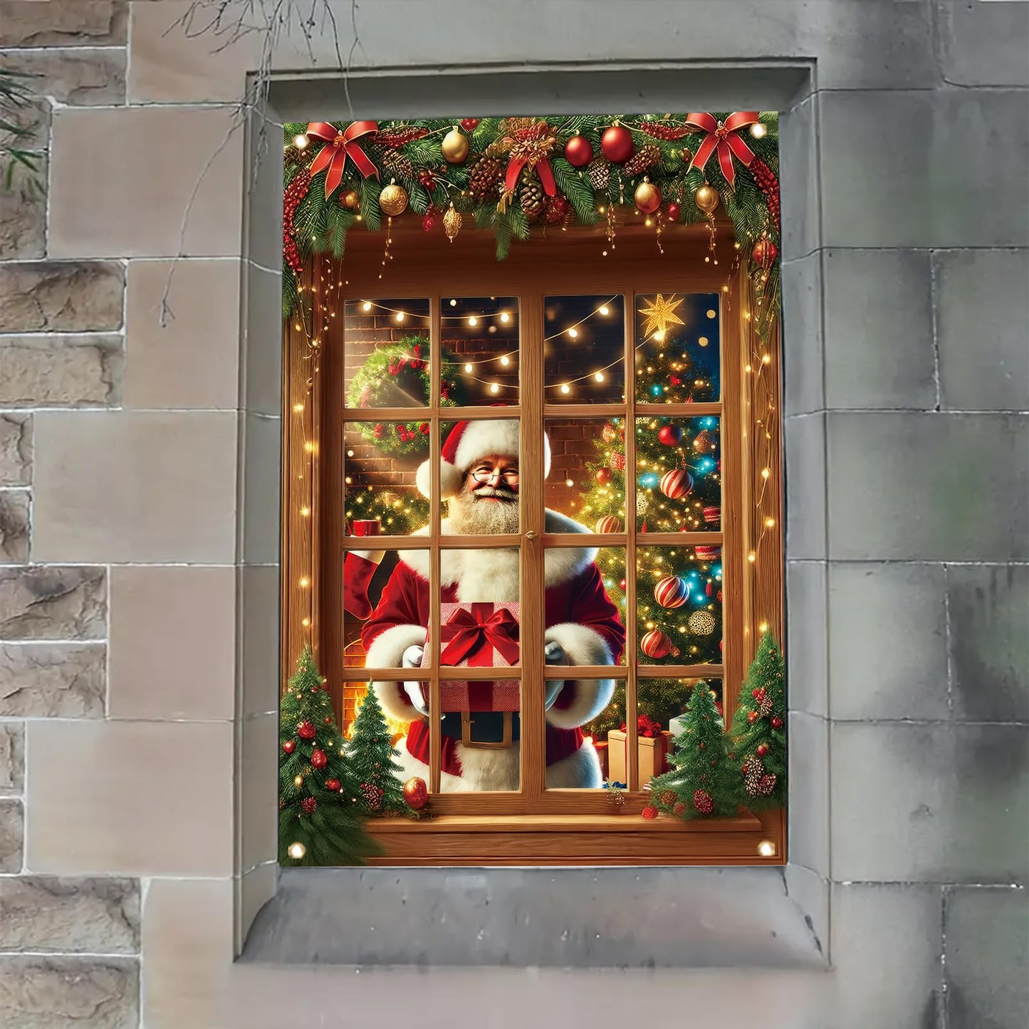 Saoplasa Christmas Santa Window Cover 47x31 Inch Holiday Window Decoration Poster Removable Cling Xmas Santa Claus Mural for Indoor Outdoor Glass Door Living Room Kids Bedroom Christmas Sticker