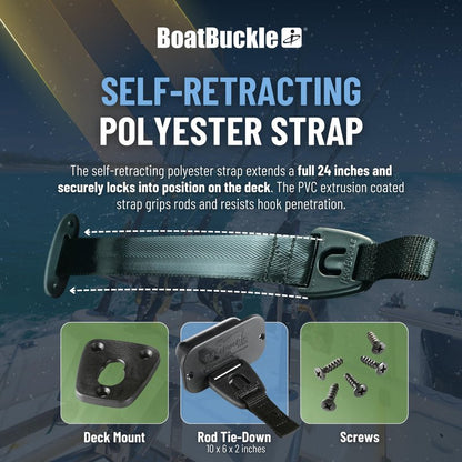 BoatBuckle F14200A 24-Inch Self-Retracting Fishing Rod Holder for Boat, Retractable Tie Down Rod Straps for Boat Deck Mount/Gunwale