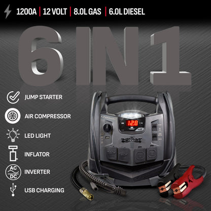 Schumacher Electric Jump Starter and Portable Power Station, SJ1332, 6-in-1, 1200 Peak Amps, 12 Volts, 150-PSI Air Compressor, 200 Continuous Watt Power Inverter, 5 Outlets - DC, AC and USB