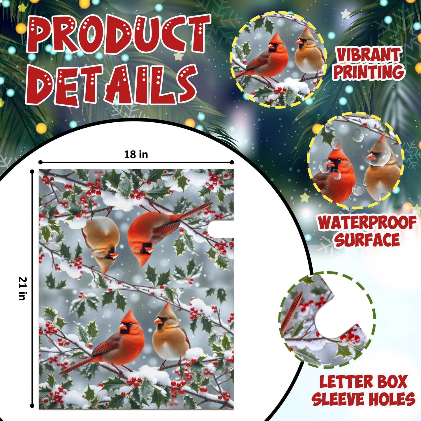 Winter Cardinal Birds Mailbox Cover - Magnetic Standard Size 18" X 21" - Christmas Mailbox Cover Decor for Home Garden Yard Post Letter Box