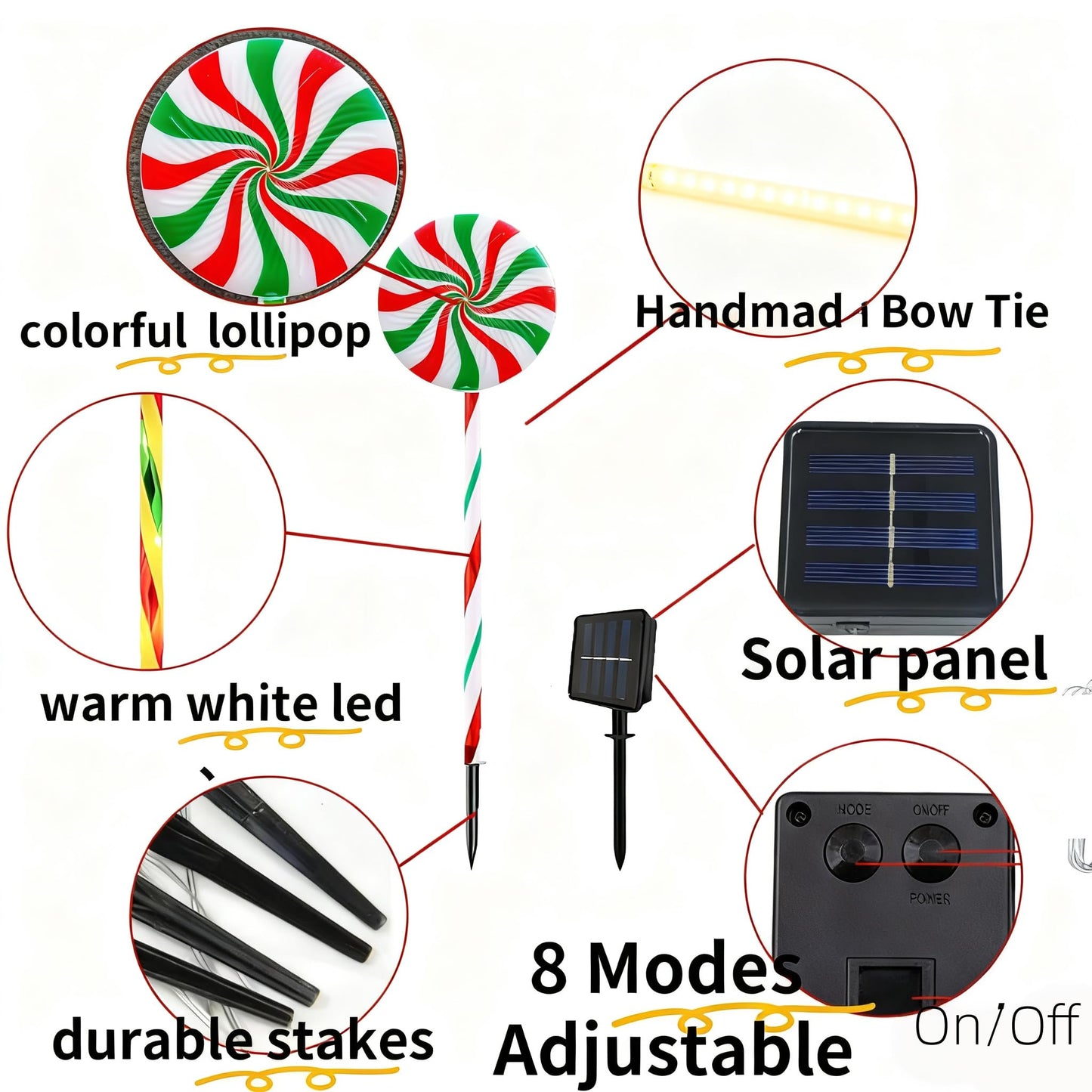 NAHIYELAS Christmas Solar Lollipop Pathway Lights 5 Pack Outdoor Candy Cane Stake Light with Bow Waterproof Walkway Xmas Outsides Garden Yard Lighting Landscape Decorative Decoration