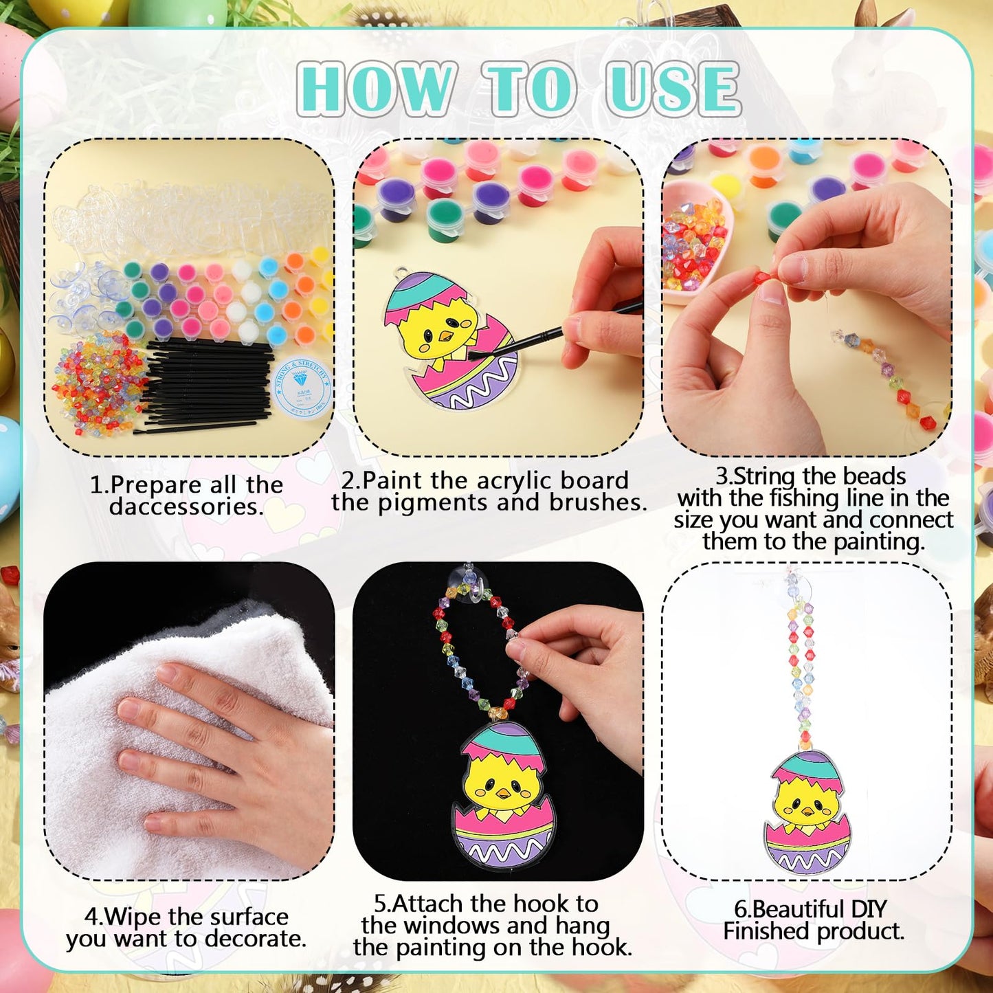 Beeveer 30 Pcs Religious Suncatcher Craft Kit to Paint, DIY Stained Glass Window Ornaments with Cross Bunny Egg Designs, Hanging Faith Decorations for VBS Church Group Activity Home Decor