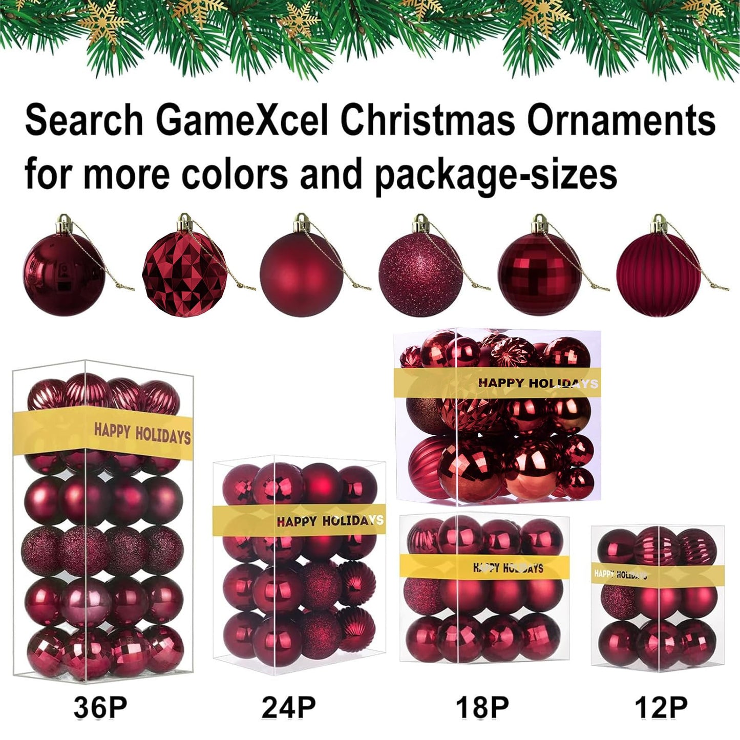 Maroon Christmas Ornaments - Christmas Tree Decorations Shatterproof Hanging Balls for Birthday Wedding Holiday Decor Set of 36pcs, Multi-Sizes(1.6",2.5",3.2")