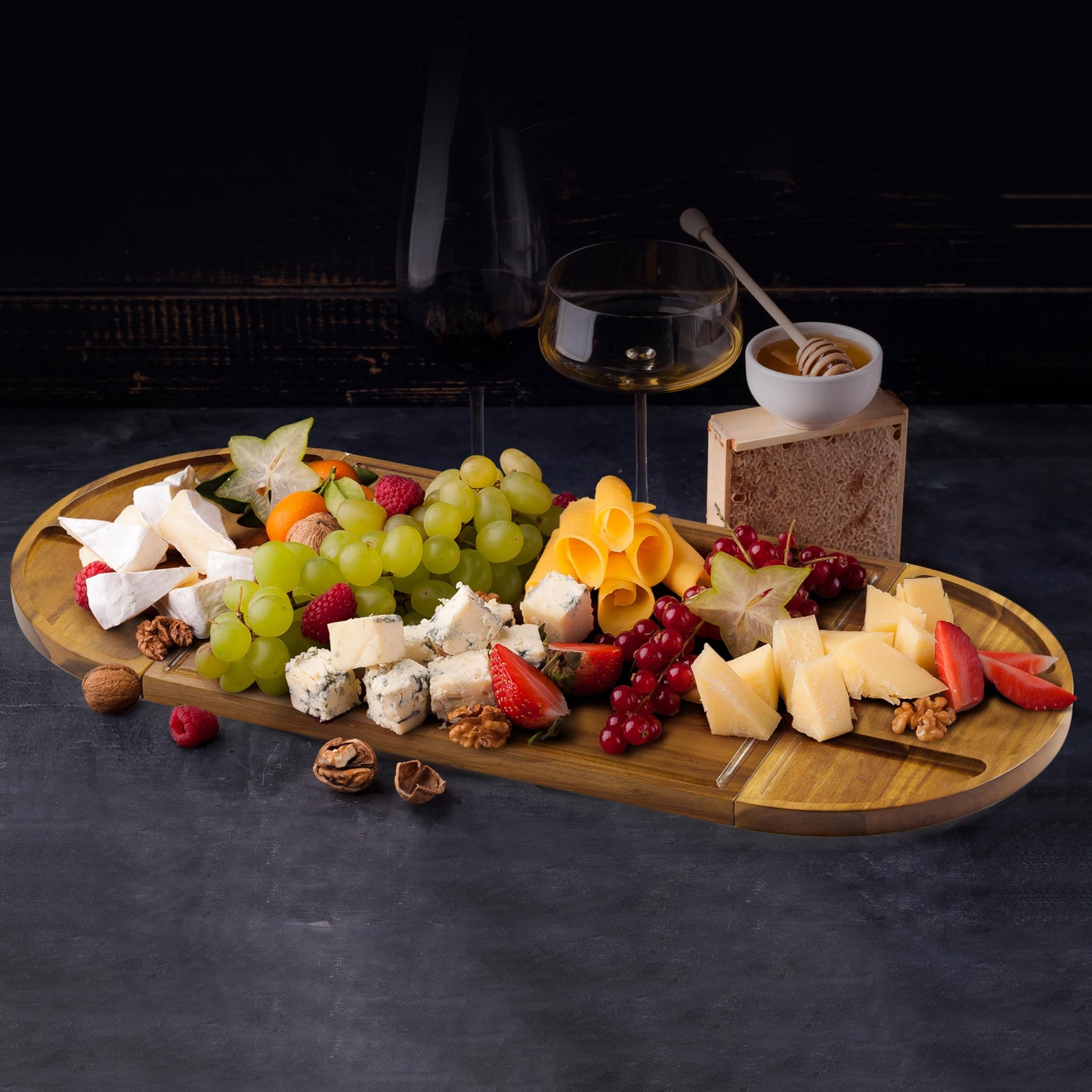NAGAWOOD Extra Large Charcuterie Boards, 30'' x 13'' Acacia Cheese Board 3 Part Magnetic Long & Round Boards with Knive Set, Wine Opener & Cheese Marker, Unique Serving Tray for Birthday, Wedding Gift