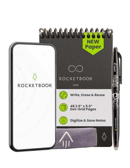 Rocketbook New Mini Reusable Smart Notepad, Pocket Size Notebook 3.5x5.5, Black - Dotted Pages, App-Connected, Erasable, Ideal for On-The-Go List Taking & Quick Notes Anywhere