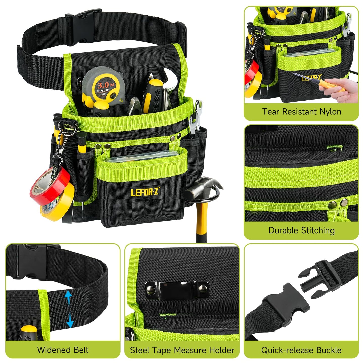 Tool Belt,Magnetic Tool Pouch,14-Pockets Tool Belts for Men,Detachable & Adjustable Tool Pouch belt for Electrician,Carpenter,Construction,Work Apron,Utility Belt,Black-Green