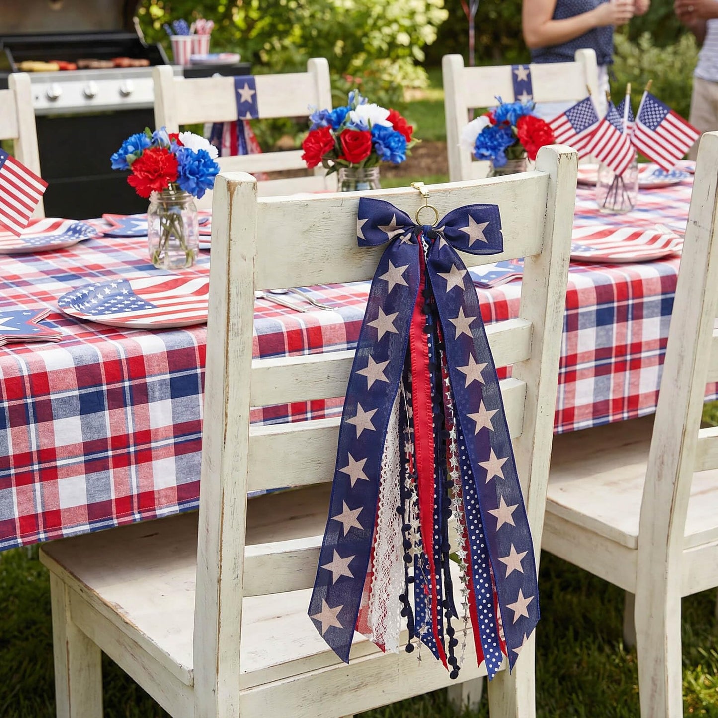 Kutyndrix Large Patriotic Front Door Wreath Sash, 8-Ribbon Americana Star Bow with Metal Clip, Wired Edge Red White Blue Decor for Independence Memorial Day