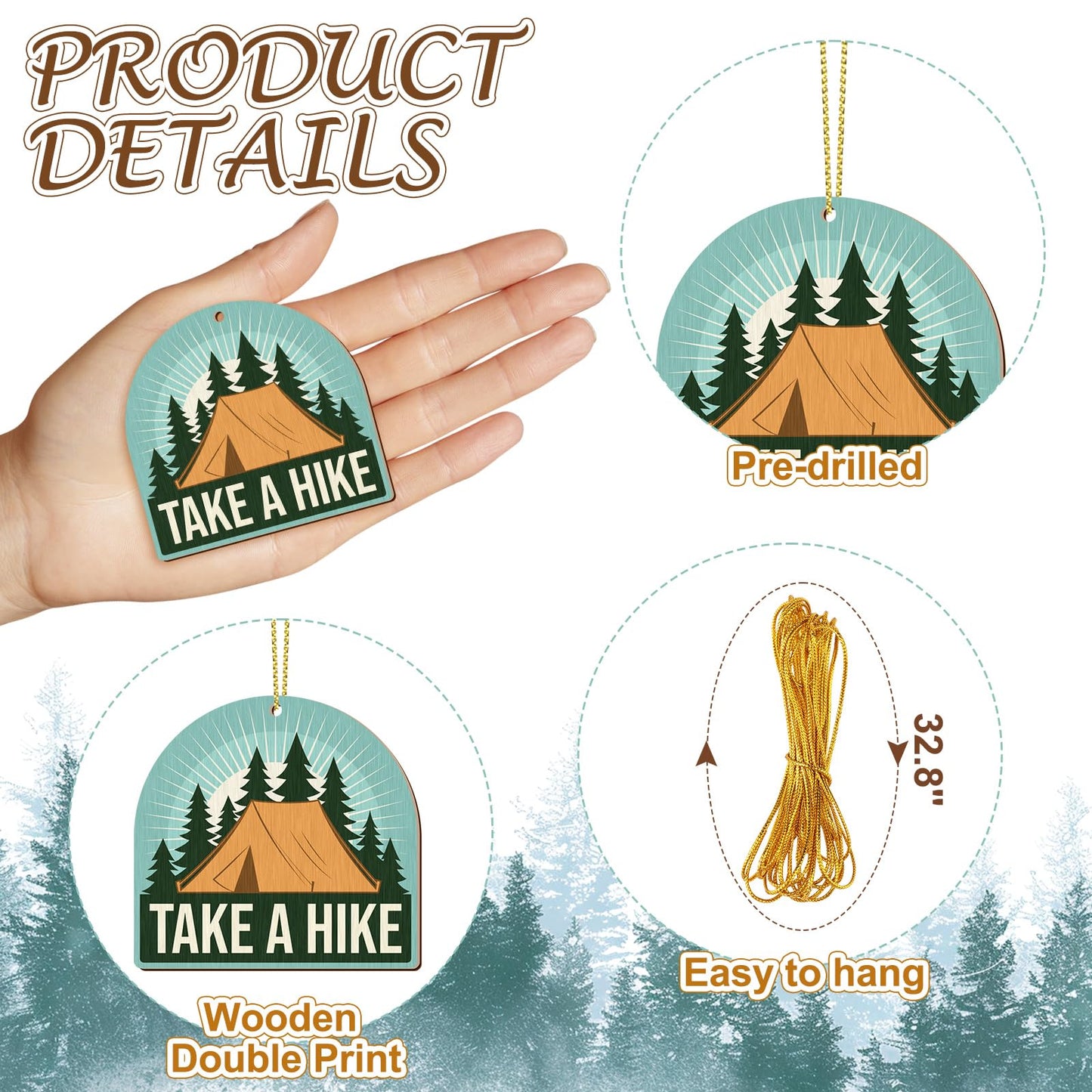 Vercraft 36 Pcs Hiking Ornaments for Christmas Tree - Double-Sided Printing Wooden Outdoorsy Nature Mountain Adventure Backpacking Gifts 2025 for Hikers Campers Men Women