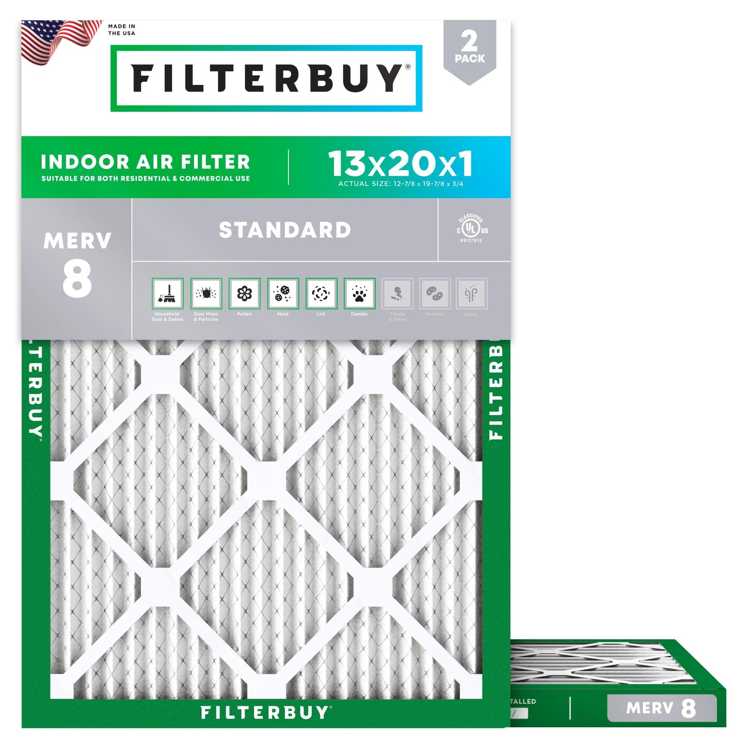 Filterbuy 13x20x1 Air Filter MERV 8 Essential Dust & Allergy Defense (2-Pack), Electrostatic Pleated HVAC AC Furnace Filters Replacement, Made in USA (Actual Size: 12.88 x 19.88 x 0.75)