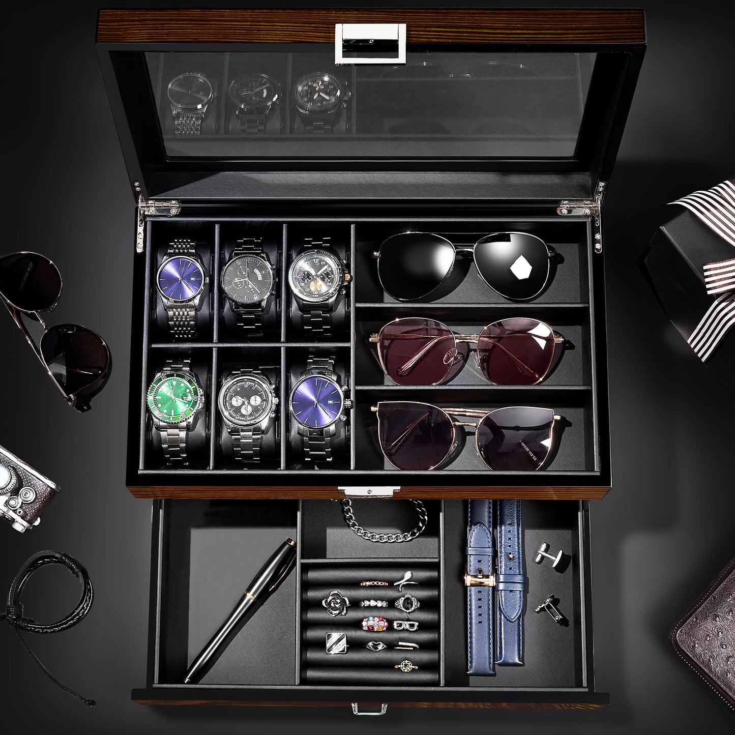 BEWISHOME Men's Wooden Jewelry Box Organizer, 6 Watch and 3 Sunglasses Organizer for Men, Wood Watch Display Case with Glass Lid and PU Leather Interior
