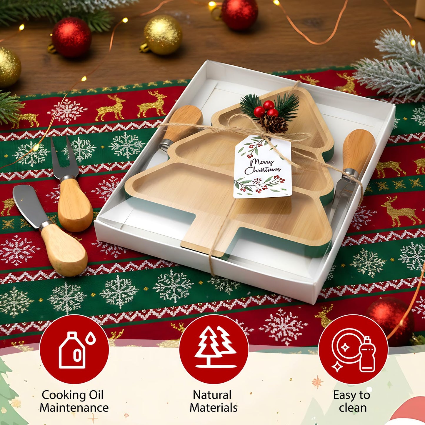 12 Set Christmas Charcuterie Board Gifts Bulk, Kitchen Gifts Christmas Tree Shaped Wooden Serving Tray Board with Knives Fork Red Berry Decorative for Snacks Cheese Desserts Holiday Xmas Party Gift