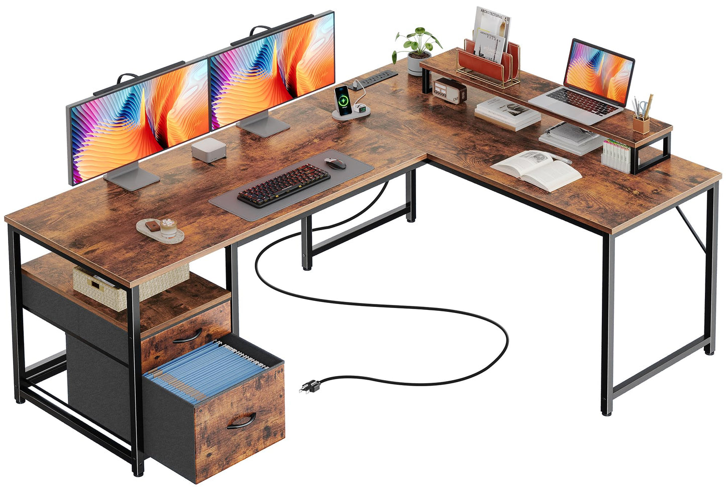 PRAISUN 55 Inch L Shaped Desk with Power Outlets and USB-C Port, Computer Corner Home Office Desk with File Fabric Drawers and Movable Monitor Stand, Larger Storage for Gaming, Study, Rustic Brown