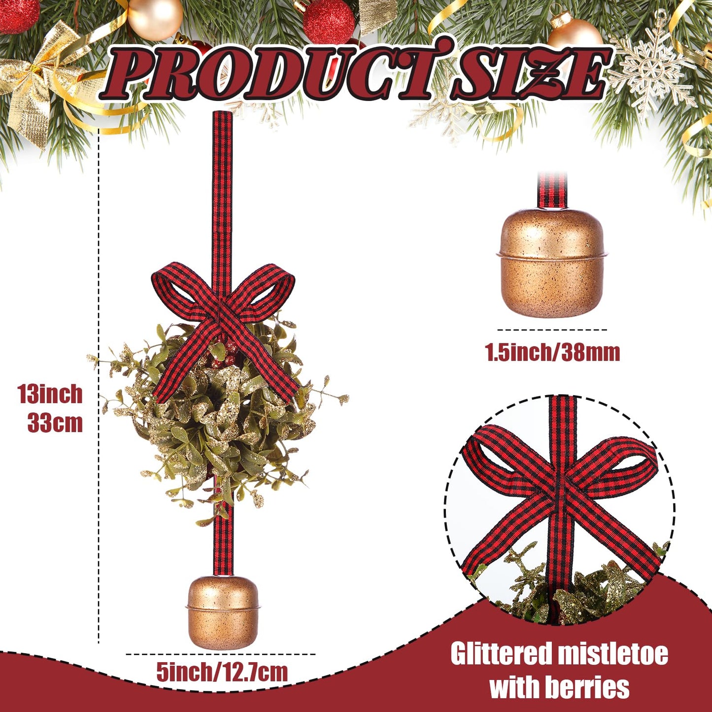 Knitgrip Valentine's Day Mistletoe Glitter Kissing Ball with Jingle Bell Ornament with Bow and Berries Artificial Hanging Mistletoe Decoration for Doorway Ceiling Light Decor(Red,Gingham Ribbon)