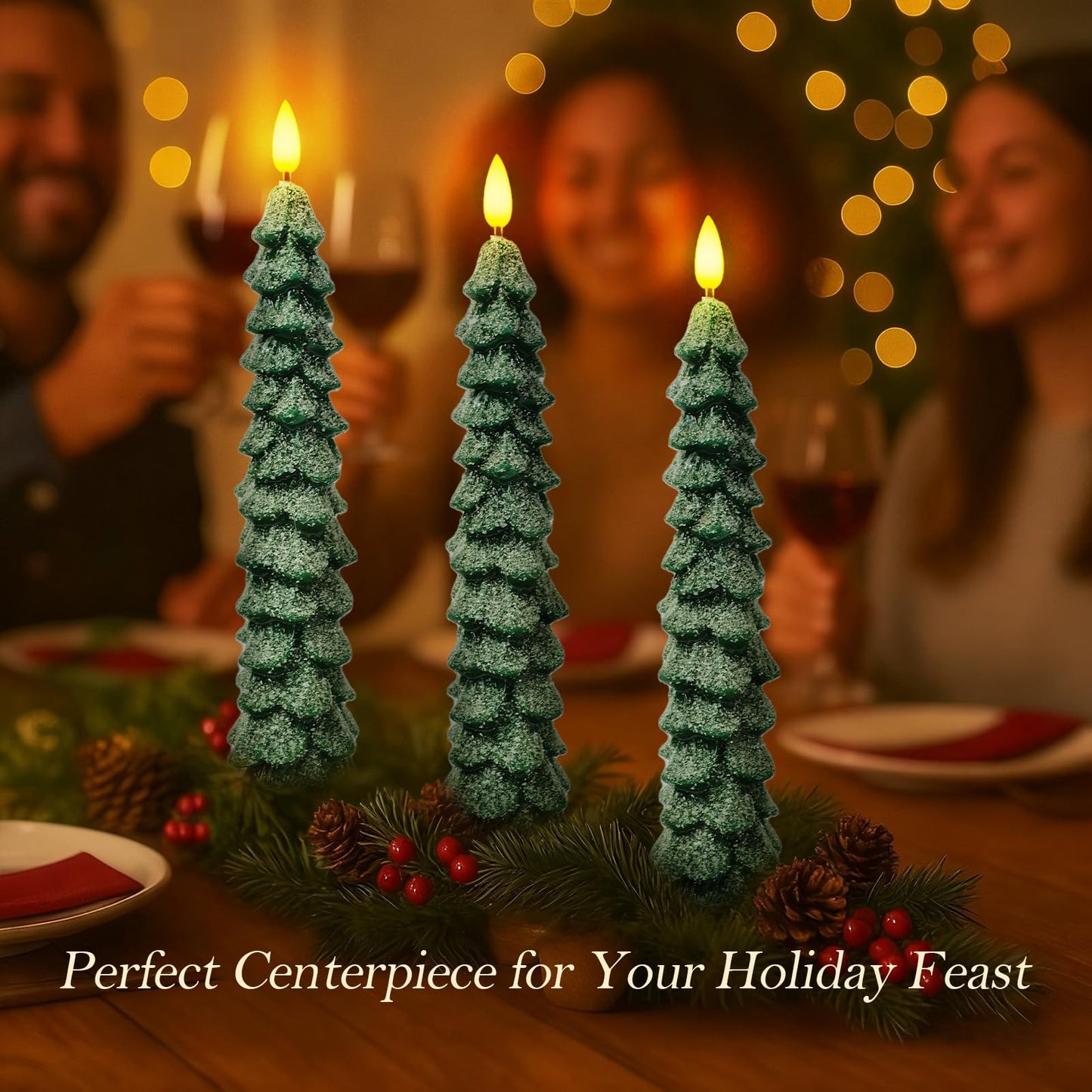 KDVOG 3 Pack Frosted Christmas Tree Candles with Remote, 9.7 Inch Real Wax flameless Taper Candles, LED Green Candlesticks with 3D Flickering Flame for Xmas New Year Home Decor Gifts