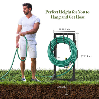 Winpull Garden Hose Holder Water Hose Holder with 4 Spikes, Freestanding Hose Hanger Outdoor Hold Stand Heavy Duty 6 Hooks Metal Garden Hose Storage Hose Reel Rack for Outside (Black)