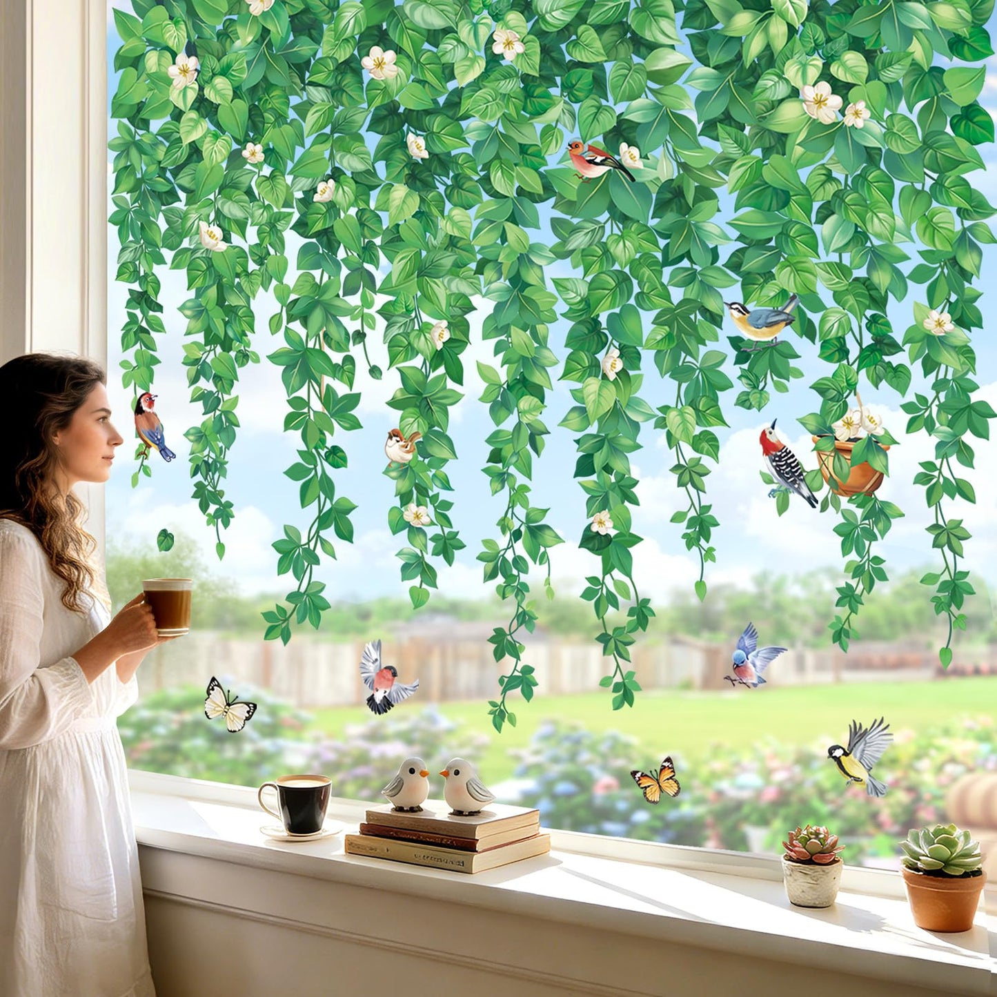 wondever Hanging Vine Eucalyptus Leaves Window Clings Green Plants Leaves Birds Glass Sticker Decal Anti Collision Double-Side Static Window Stickers for Home Glass