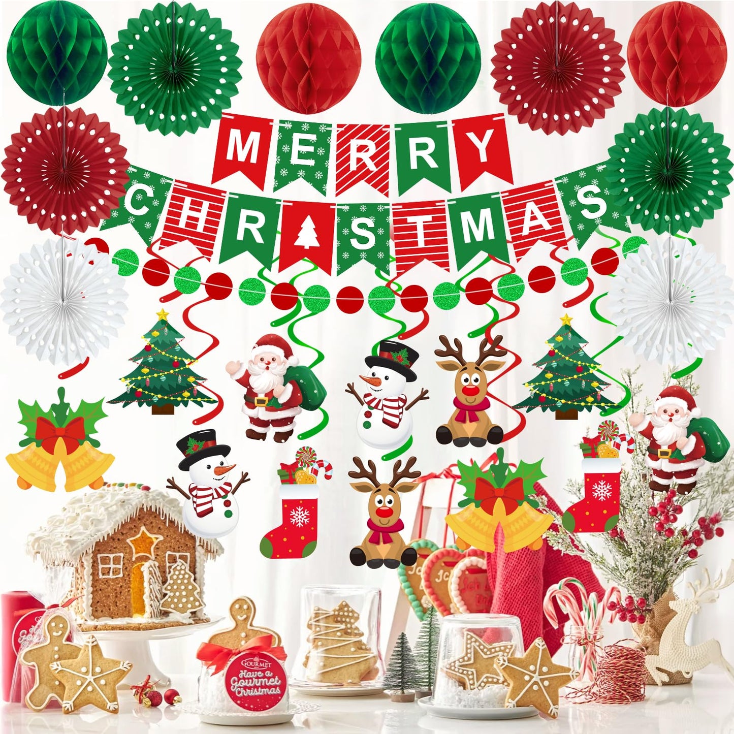 25pcs Christmas Party Decorations Merry Christmas Banner Paper Fan Garlands String Circle Dot Honeycomb Ball Swirl Streamers Snowman Santa for Xmas Decorations Indoor Home Decor