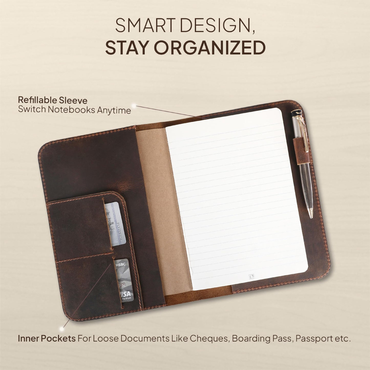 TheAntiq Genuine Leather A5 Journal Cover Refillable Notebook Cover, Fits 5.75 x 8.25 in, Card Slots Pocket & Pen Holder, Handmade Professional Leather Organizer for Men & Women, Travel & Work Diary Cover (Brown)