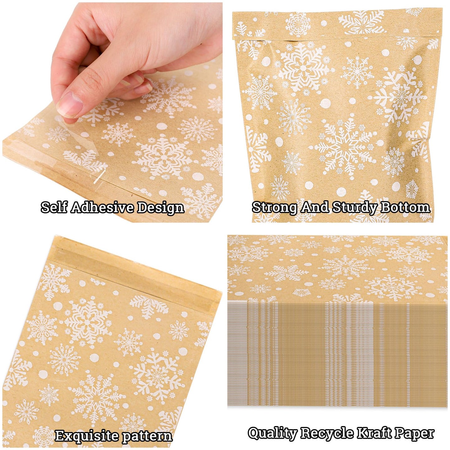 Whaline 100Pcs Christmas Kraft Treat Bags Self-Adhesive Winter White Snowflake Prints Goodie Snack Gift Bags Xmas Candy Buffet Kraft Bag for Holiday Party Favor Supplies